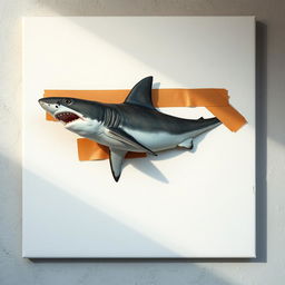 A raw photography image capturing a blank canvas featuring a lifelike shark attached to it using brown adhesive tape