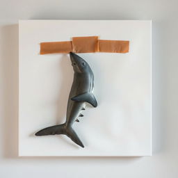 A raw photography image capturing a blank canvas featuring a lifelike shark attached to it using brown adhesive tape