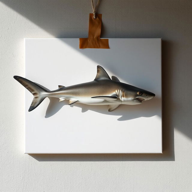 A raw photography image capturing a blank canvas featuring a lifelike shark attached to it using brown adhesive tape