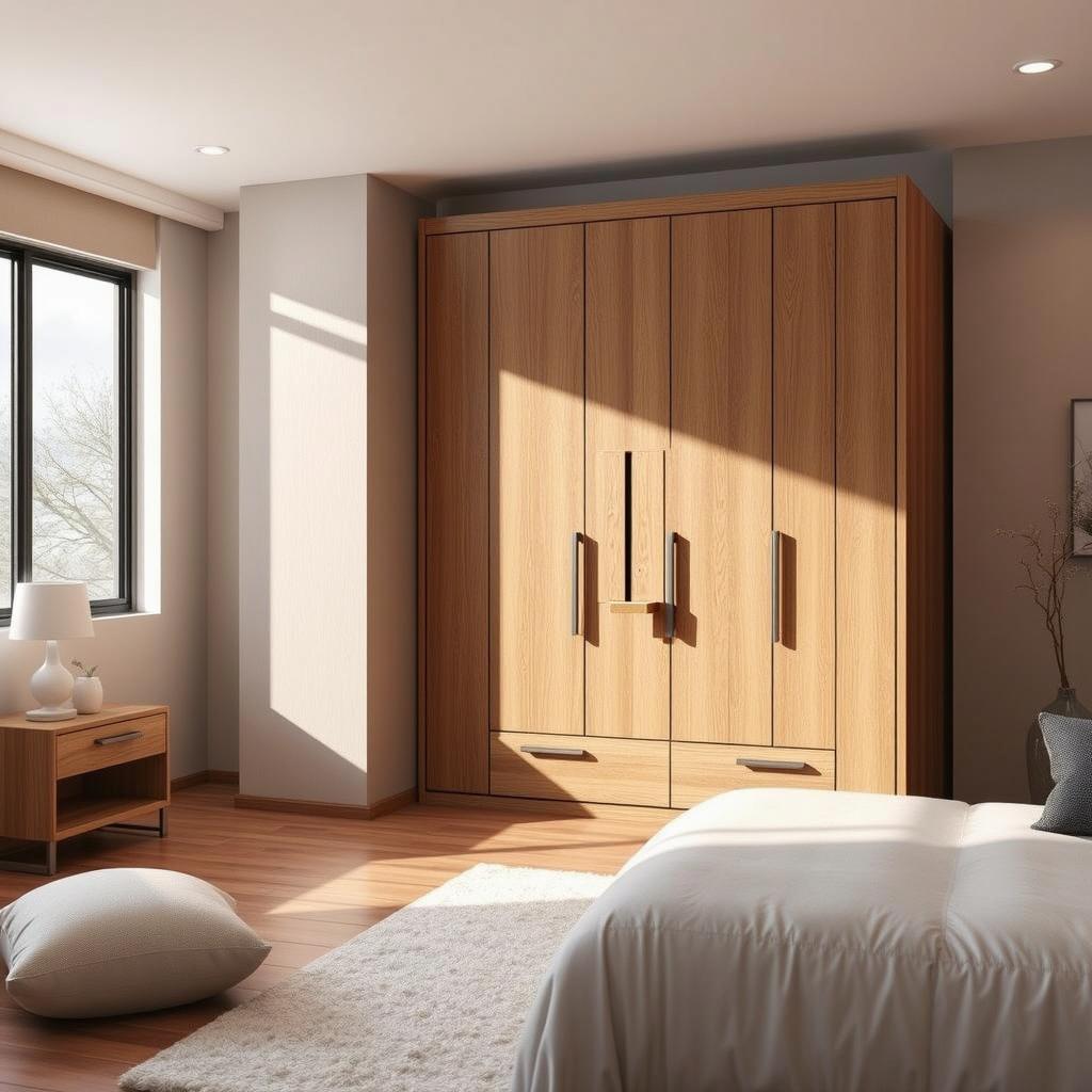 A contemporary wooden wardrobe in a modern master bedroom, showcasing elegant lines and a warm natural wood finish