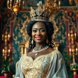 a magnificent black queen adorned with a stunning crown, wearing a royal gown decorated with intricate gold embroidery, standing confidently in a vibrant, grand throne room filled with colorful tapestries and rich decor