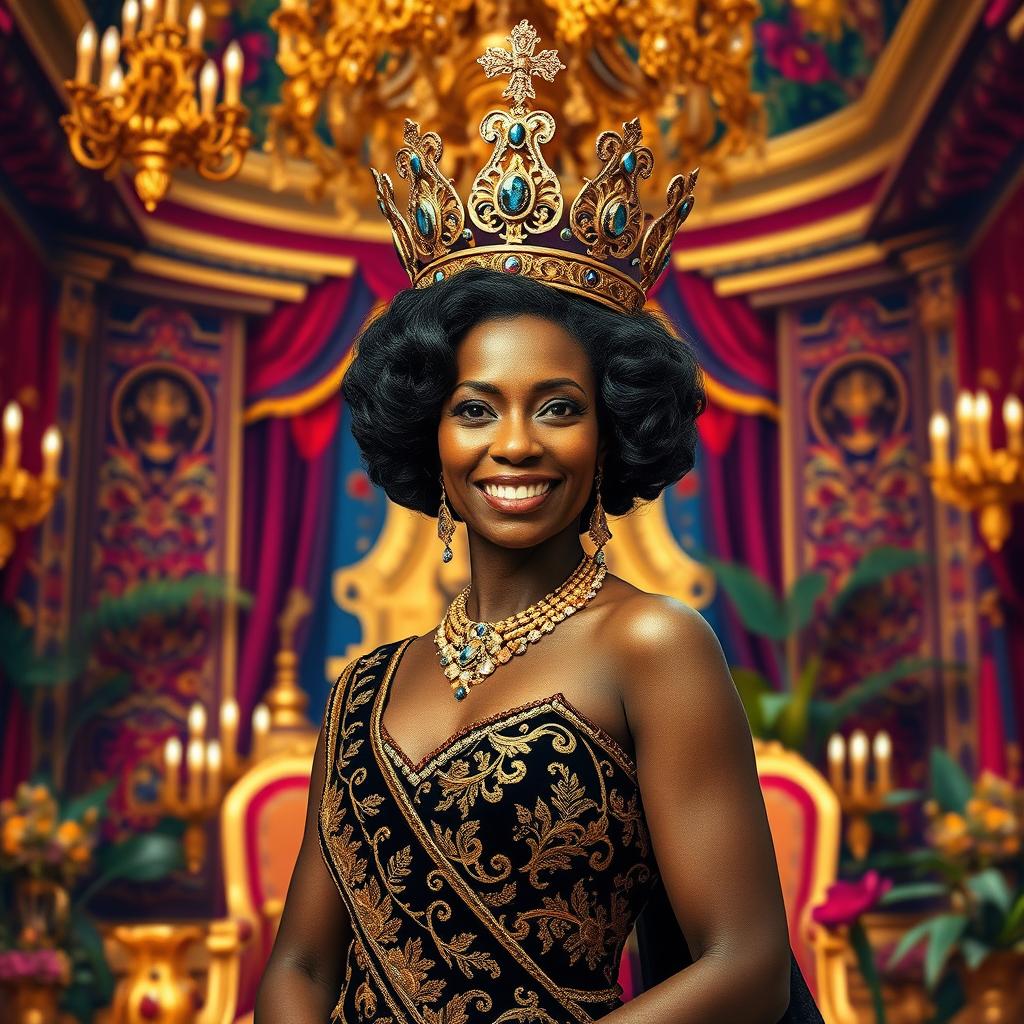 a magnificent black queen adorned with a stunning crown, wearing a royal gown decorated with intricate gold embroidery, standing confidently in a vibrant, grand throne room filled with colorful tapestries and rich decor