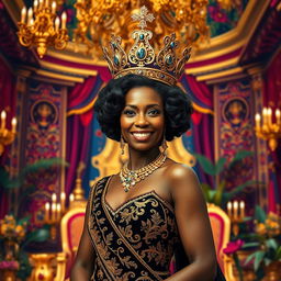 a magnificent black queen adorned with a stunning crown, wearing a royal gown decorated with intricate gold embroidery, standing confidently in a vibrant, grand throne room filled with colorful tapestries and rich decor