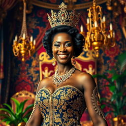 a magnificent black queen adorned with a stunning crown, wearing a royal gown decorated with intricate gold embroidery, standing confidently in a vibrant, grand throne room filled with colorful tapestries and rich decor