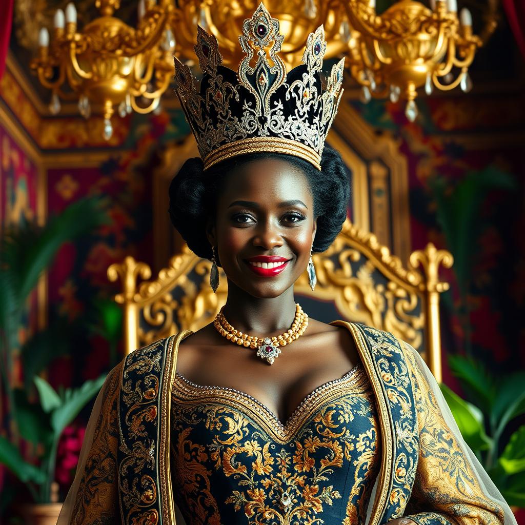 a magnificent black queen adorned with a stunning crown, wearing a royal gown decorated with intricate gold embroidery, standing confidently in a vibrant, grand throne room filled with colorful tapestries and rich decor