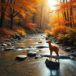 A tranquil scene of a really small creek winding through an autumn forest, surrounded by vibrant foliage in hues of orange, red, and gold