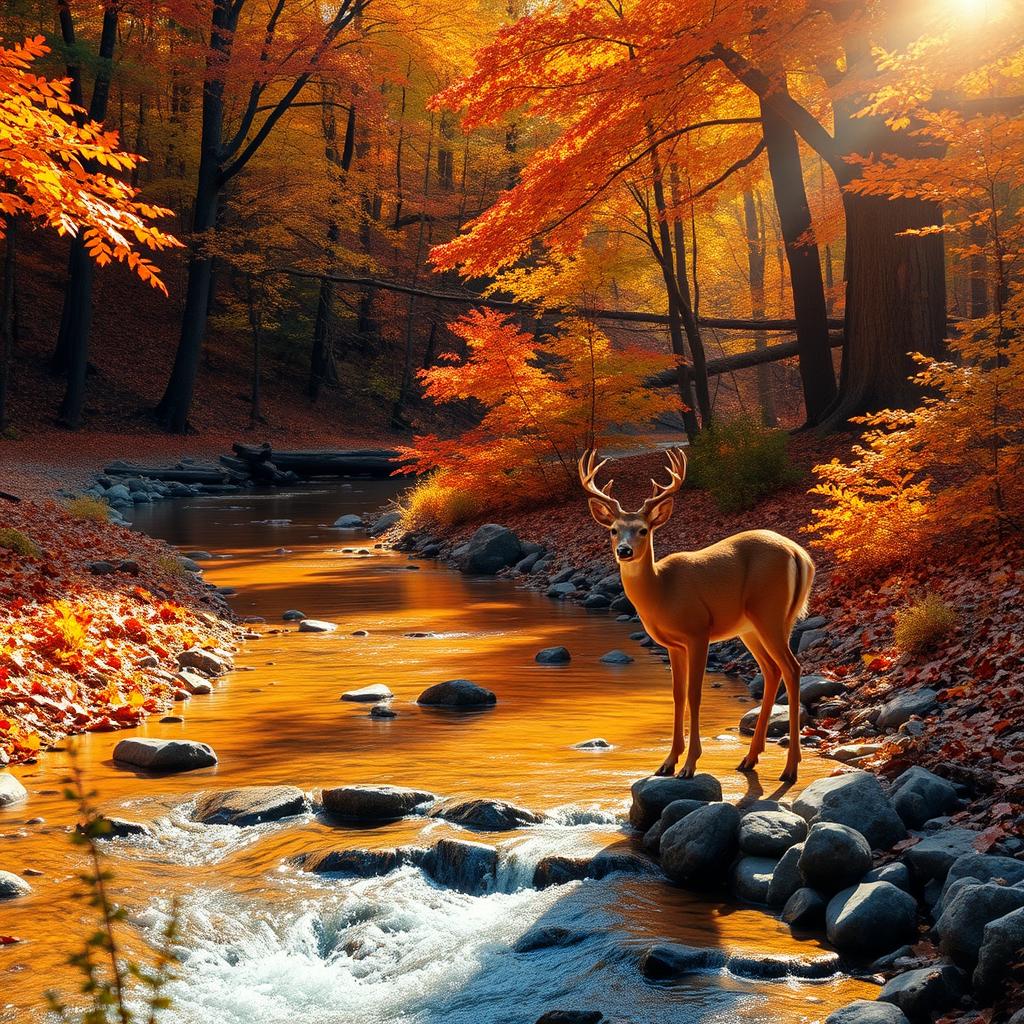 A tranquil scene of a really small creek winding through an autumn forest, surrounded by vibrant foliage in hues of orange, red, and gold