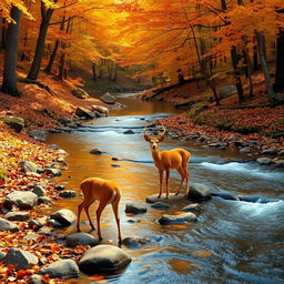 A tranquil scene of a really small creek winding through an autumn forest, surrounded by vibrant foliage in hues of orange, red, and gold