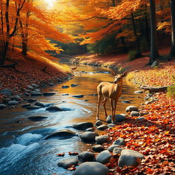 A tranquil scene of a really small creek winding through an autumn forest, surrounded by vibrant foliage in hues of orange, red, and gold