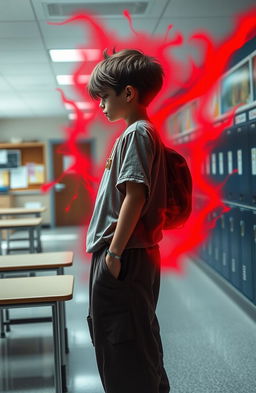 A school background featuring a boy with baggy clothes, wearing a locket around his neck