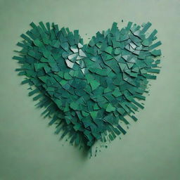 A heart symbol, shattered into pieces, painted in various shades of green.