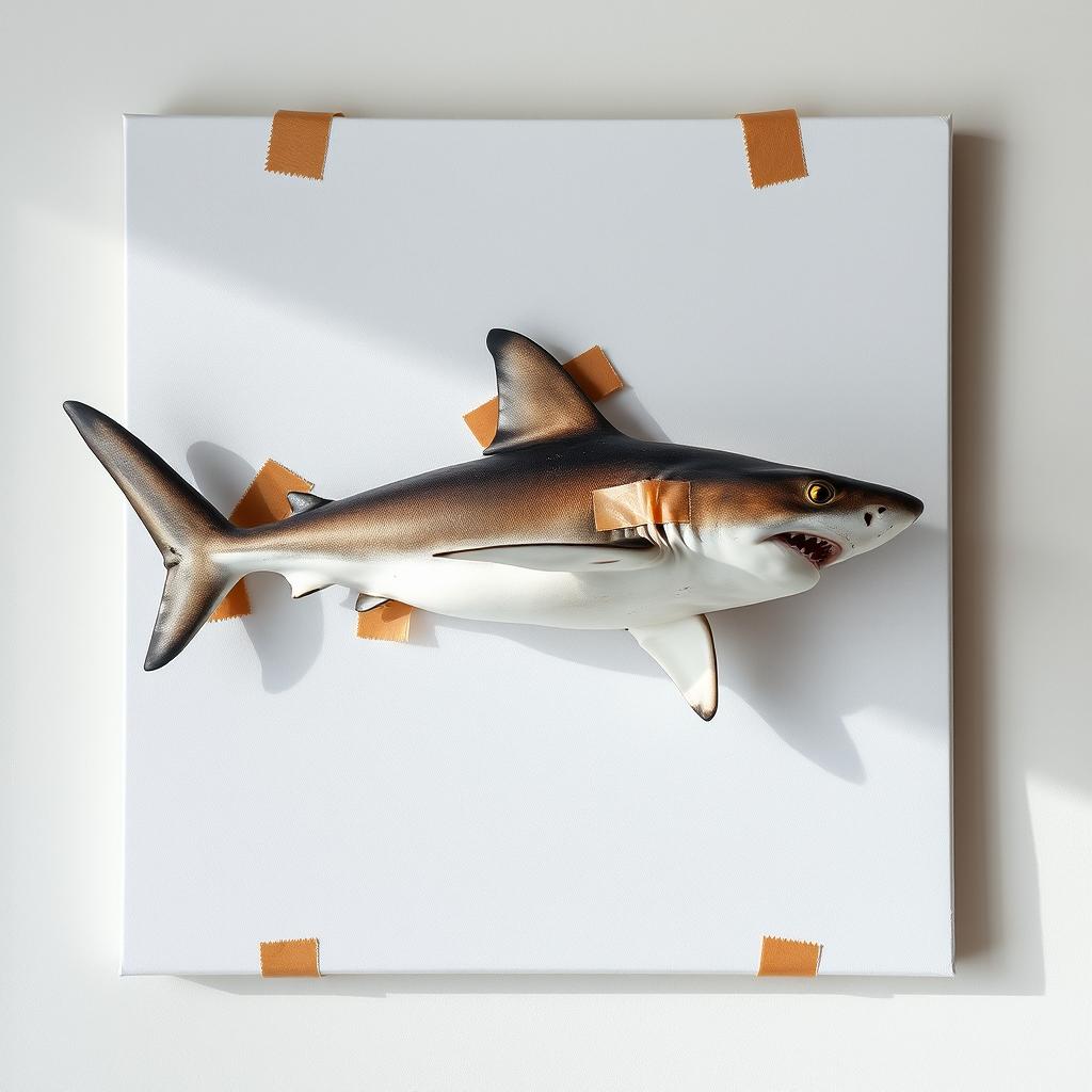 A raw photography image of a blank canvas showcasing a shark attached to it using brown adhesive tape