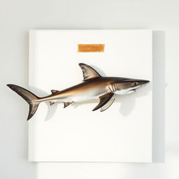 A raw photography image of a blank canvas showcasing a shark attached to it using brown adhesive tape