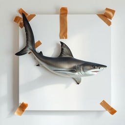 A raw photography image of a blank canvas showcasing a shark attached to it using brown adhesive tape