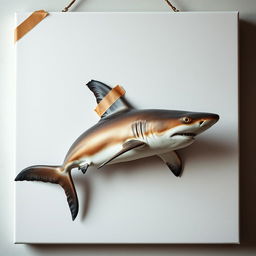 A raw photography image of a blank canvas showcasing a shark attached to it using brown adhesive tape