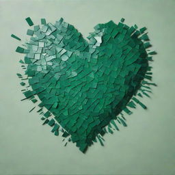 A heart symbol, shattered into pieces, painted in various shades of green.