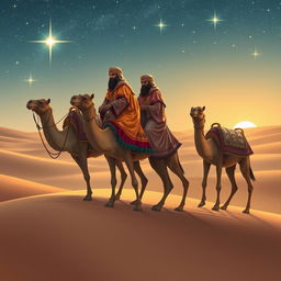 The Three Wise Men of the East riding their camels under a starry sky, with Balthazar, the African, gazing intently