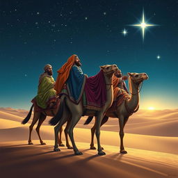 The Three Wise Men of the East riding their camels under a starry sky, with Balthazar, the African, gazing intently