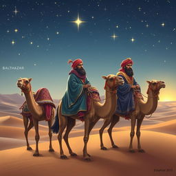 The Three Wise Men of the East riding their camels under a starry sky, with Balthazar, the African, gazing intently