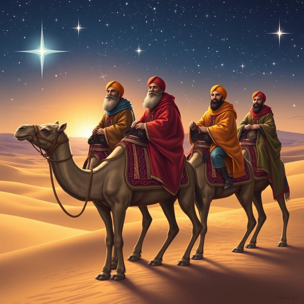 The Three Wise Men of the East riding their camels under a starry sky, with Balthazar, the African, gazing intently