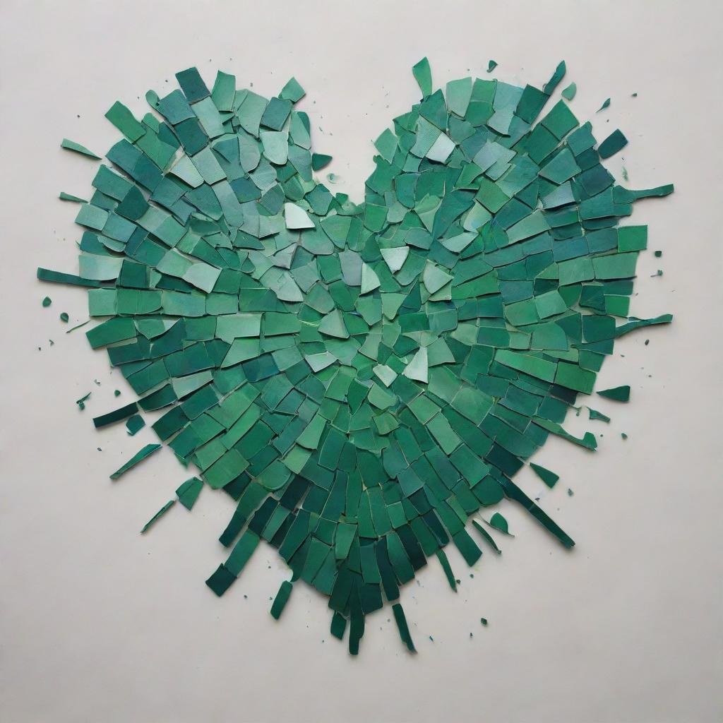 A heart symbol, shattered into pieces, painted in various shades of green.