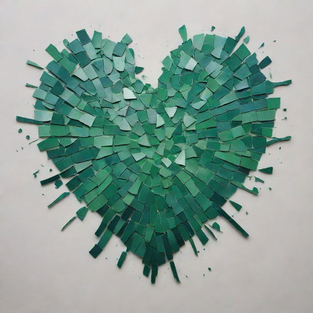 A heart symbol, shattered into pieces, painted in various shades of green.