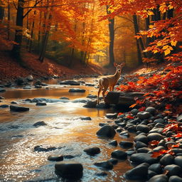 A serene scene of a really small creek gently flowing through an autumn forest, with vibrant leaves in brilliant shades of orange, red, and gold all around