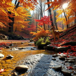 A serene scene of a really small creek gently flowing through an autumn forest, with vibrant leaves in brilliant shades of orange, red, and gold all around