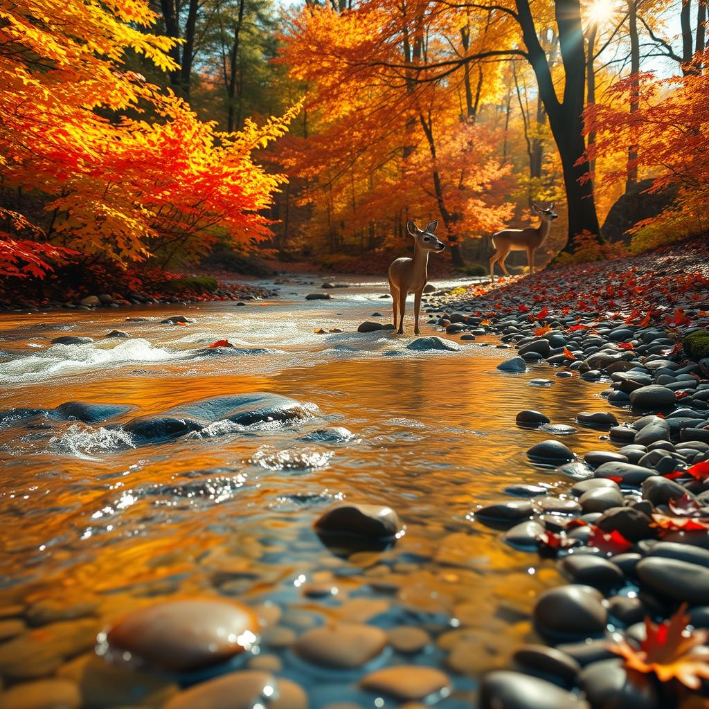 A serene scene of a really small creek gently flowing through an autumn forest, with vibrant leaves in brilliant shades of orange, red, and gold all around