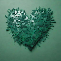 A heart symbol, shattered into pieces, painted in various shades of green.