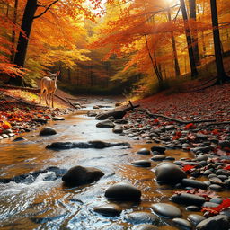 A serene scene of a really small creek gently flowing through an autumn forest, with vibrant leaves in brilliant shades of orange, red, and gold all around