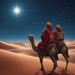 The three wise men from the east traveling on their camels under a starry sky, with a focus on Balthazar the African, who gazes intently at a brilliant star above