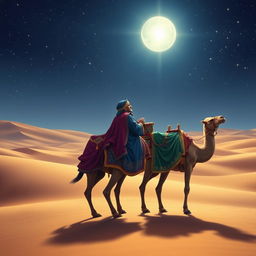 The three wise men from the east traveling on their camels under a starry sky, with a focus on Balthazar the African, who gazes intently at a brilliant star above