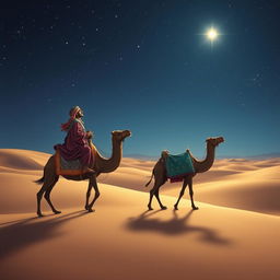 The three wise men from the east traveling on their camels under a starry sky, with a focus on Balthazar the African, who gazes intently at a brilliant star above