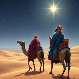 The three wise men from the east traveling on their camels under a starry sky, with a focus on Balthazar the African, who gazes intently at a brilliant star above