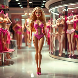 A captivating Barbie doll character with very large breasts, long blonde hair, wearing stylish pink high heels and pink lingerie