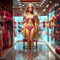 A captivating Barbie doll character with very large breasts, long blonde hair, wearing stylish pink high heels and pink lingerie