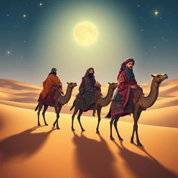 The three wise men from the east traveling on their camels under a starry sky, with a focus on Balthazar the African, who gazes intensely at the viewer