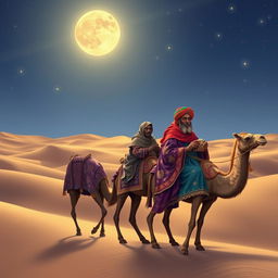 The three wise men from the east traveling on their camels under a starry sky, with a focus on Balthazar the African, who gazes intensely at the viewer