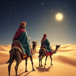 The three wise men from the east traveling on their camels under a starry sky, with a focus on Balthazar the African, who gazes intensely at the viewer