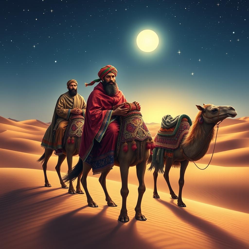 The three wise men from the east traveling on their camels under a starry sky, with a focus on Balthazar the African, who gazes intensely at the viewer