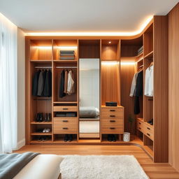 An open concept modern wooden dressing room in a master bedroom, showcasing a stylish and functional layout