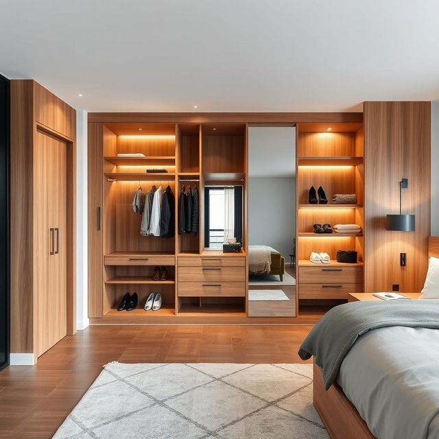 An open concept modern wooden dressing room in a master bedroom, showcasing a stylish and functional layout