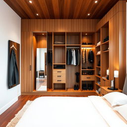 An open concept modern wooden dressing room in a master bedroom, showcasing a stylish and functional layout