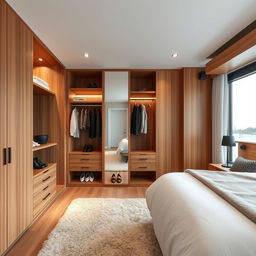 An open concept modern wooden dressing room in a master bedroom, showcasing a stylish and functional layout