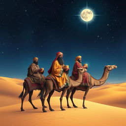 The three wise men from the east journeying on their camels beneath a dazzling starry sky, with a striking focus on Balthazar the African, who looks intently at the viewer