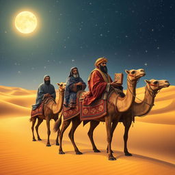 The three wise men from the east journeying on their camels beneath a dazzling starry sky, with a striking focus on Balthazar the African, who looks intently at the viewer