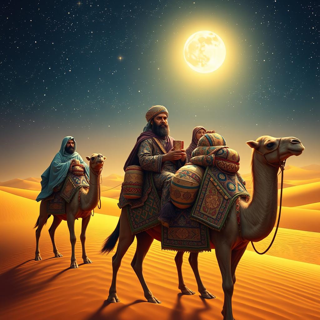 The three wise men from the east journeying on their camels beneath a dazzling starry sky, with a striking focus on Balthazar the African, who looks intently at the viewer