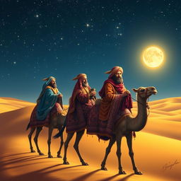 The three wise men from the east journeying on their camels beneath a dazzling starry sky, with a striking focus on Balthazar the African, who looks intently at the viewer