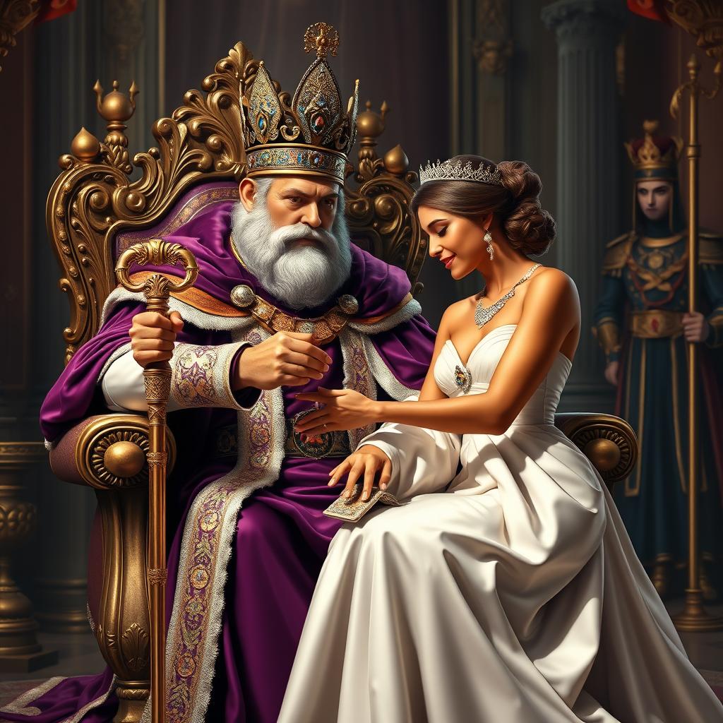 A majestic king seated on a lavish throne, adorned in regal purple royal attire, radiating authority and nobility